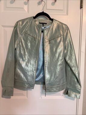 Vintage In Suede Worthington Metallic Mint Leather Jacket with Snakeskin pattern